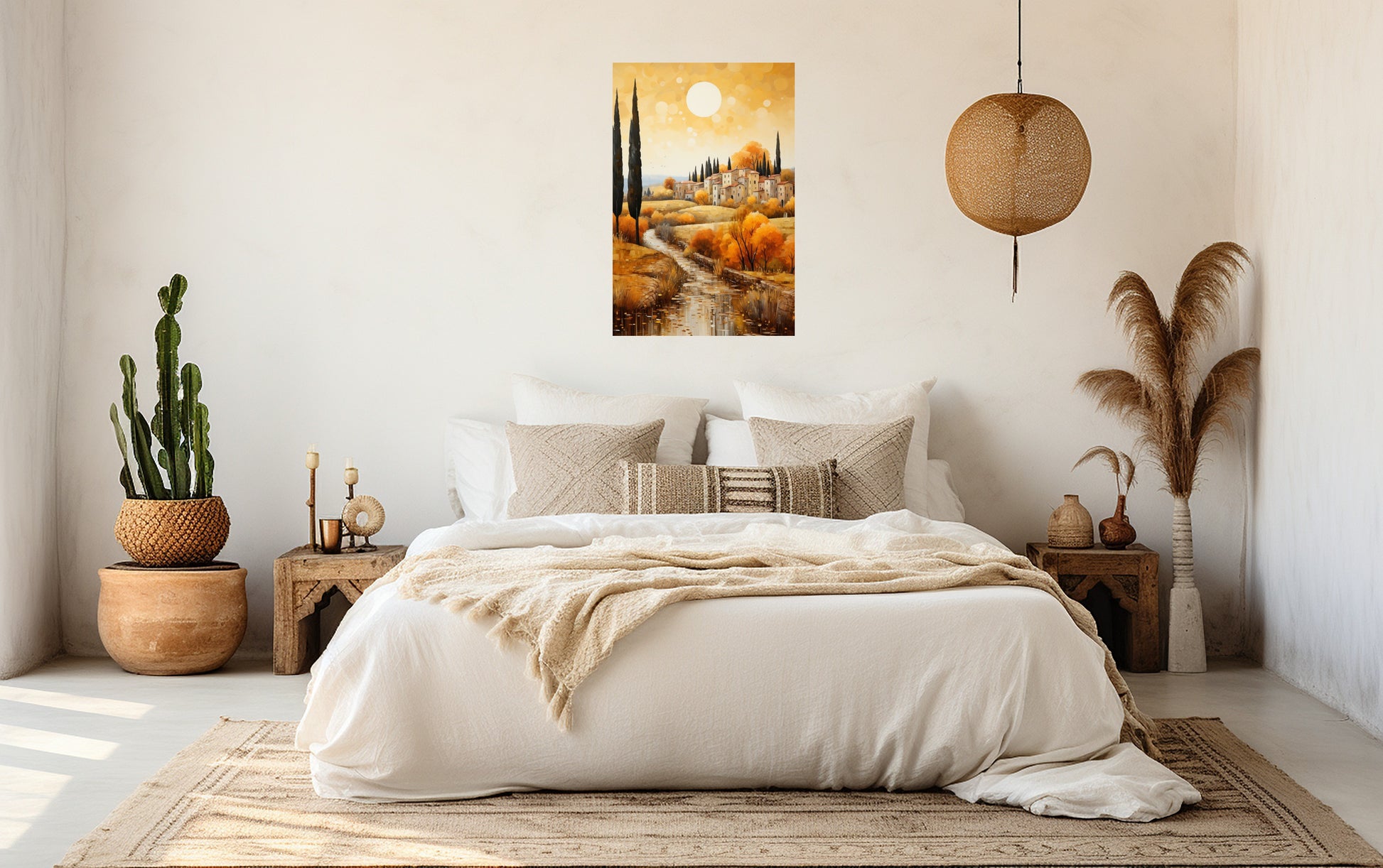 Tuscan River Village in Golden Light poster styled above a bed in an elegant bedroom interior.