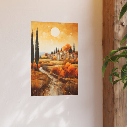 Tuscan River Village in Golden Light poster styled in a refined interior with soft natural lighting.