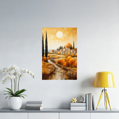 Tuscan River Village in Golden Light poster displayed above a sideboard adding rustic Italian charm.