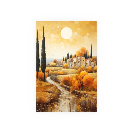 Tuscan River Village in Golden Light poster on white background showing detailed Italian riverside artwork.