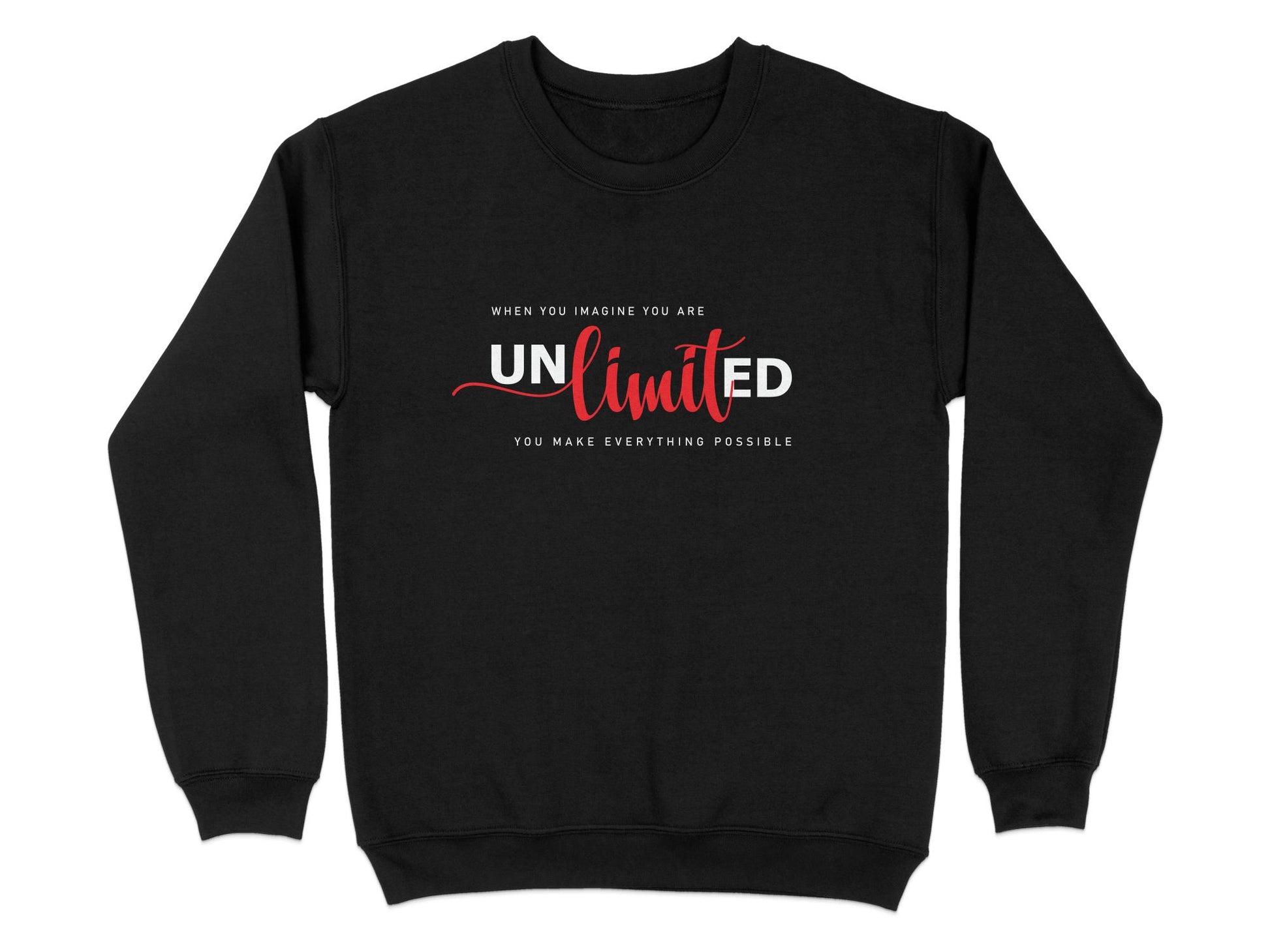 Black Unlimited Sweatshirt with graphic design, unisex crew neck, seamless body, and cotton blend for all-day comfort.