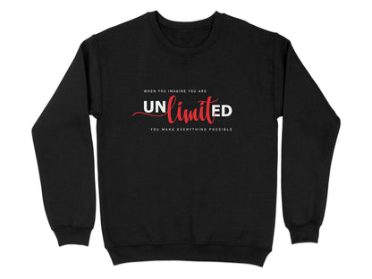Black Unlimited Sweatshirt with graphic design, unisex crew neck, seamless body, and cotton blend for all-day comfort.
