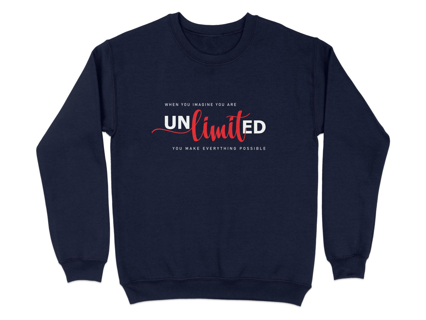 Navy Unlimited Sweatshirt, unisex fit with cotton blend, seamless design, and crew neck for stylish, everyday comfort.