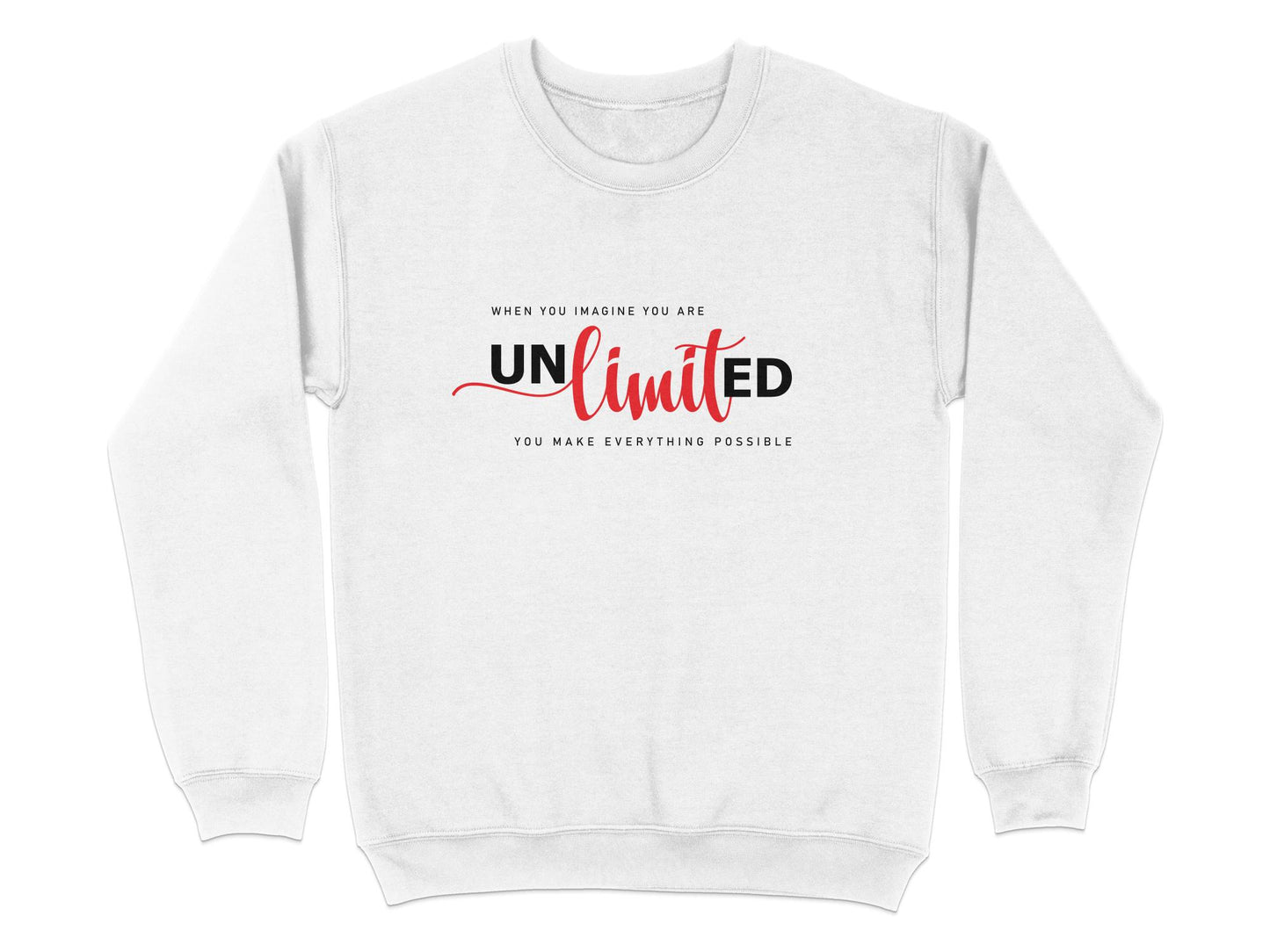 Unlimited Sweatshirt size chart (S–3XL) with body length, sleeve length, and chest measurements for unisex fit.
