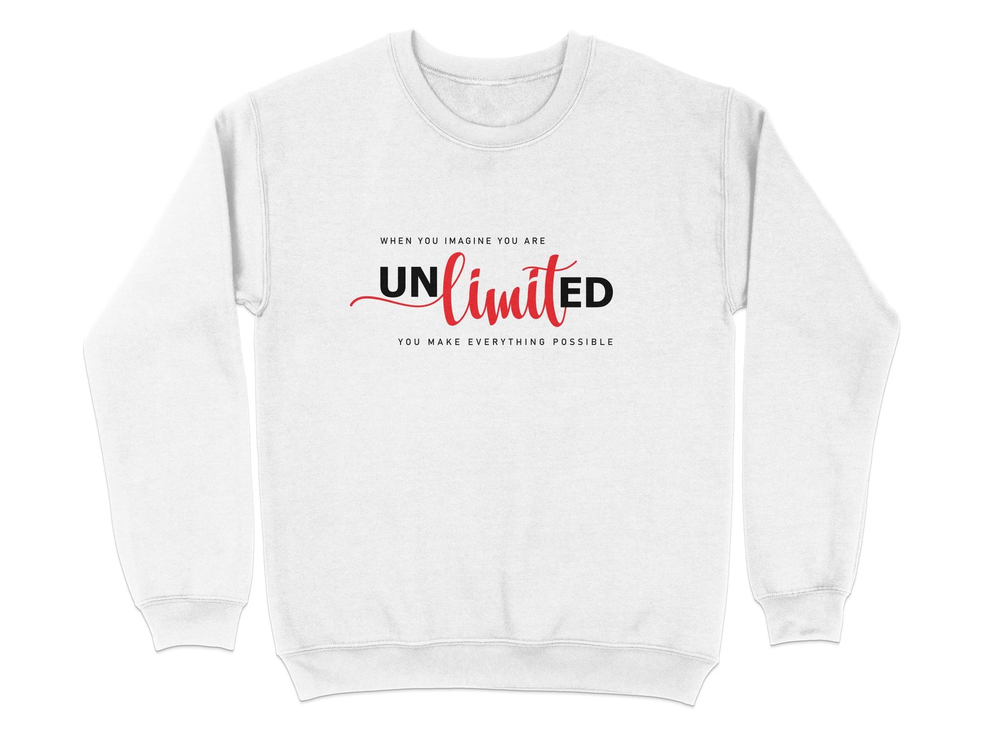Unlimited Sweatshirt size chart (S–3XL) with body length, sleeve length, and chest measurements for unisex fit.