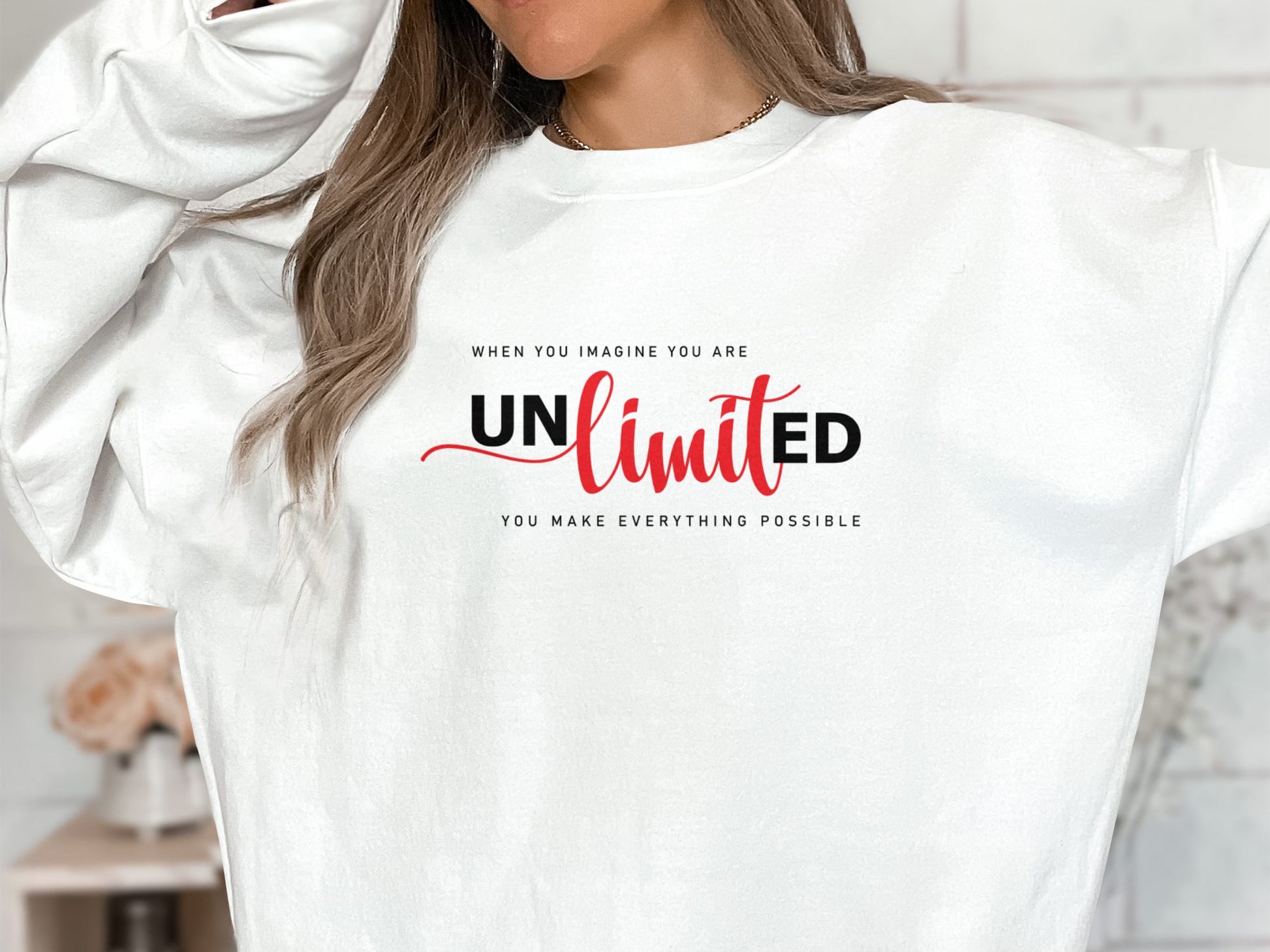 Unlimited Sweatshirt featuring graphic print, unisex fit, crew neck, and seamless body for relaxed pullover style and comfort.