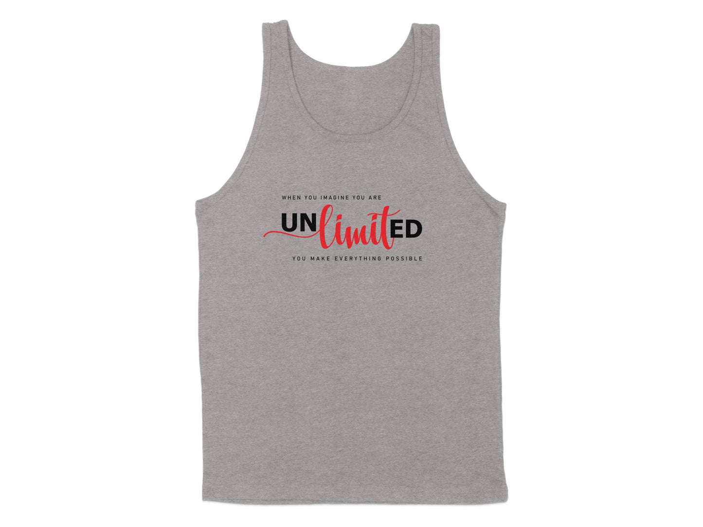 Athletic Heather Unlimited tank top displaying bold sans-serif lettering with flowing red cursive integrated into the artwork.