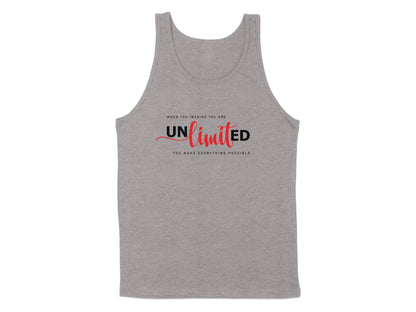 Athletic Heather Unlimited tank top displaying bold sans-serif lettering with flowing red cursive integrated into the artwork.