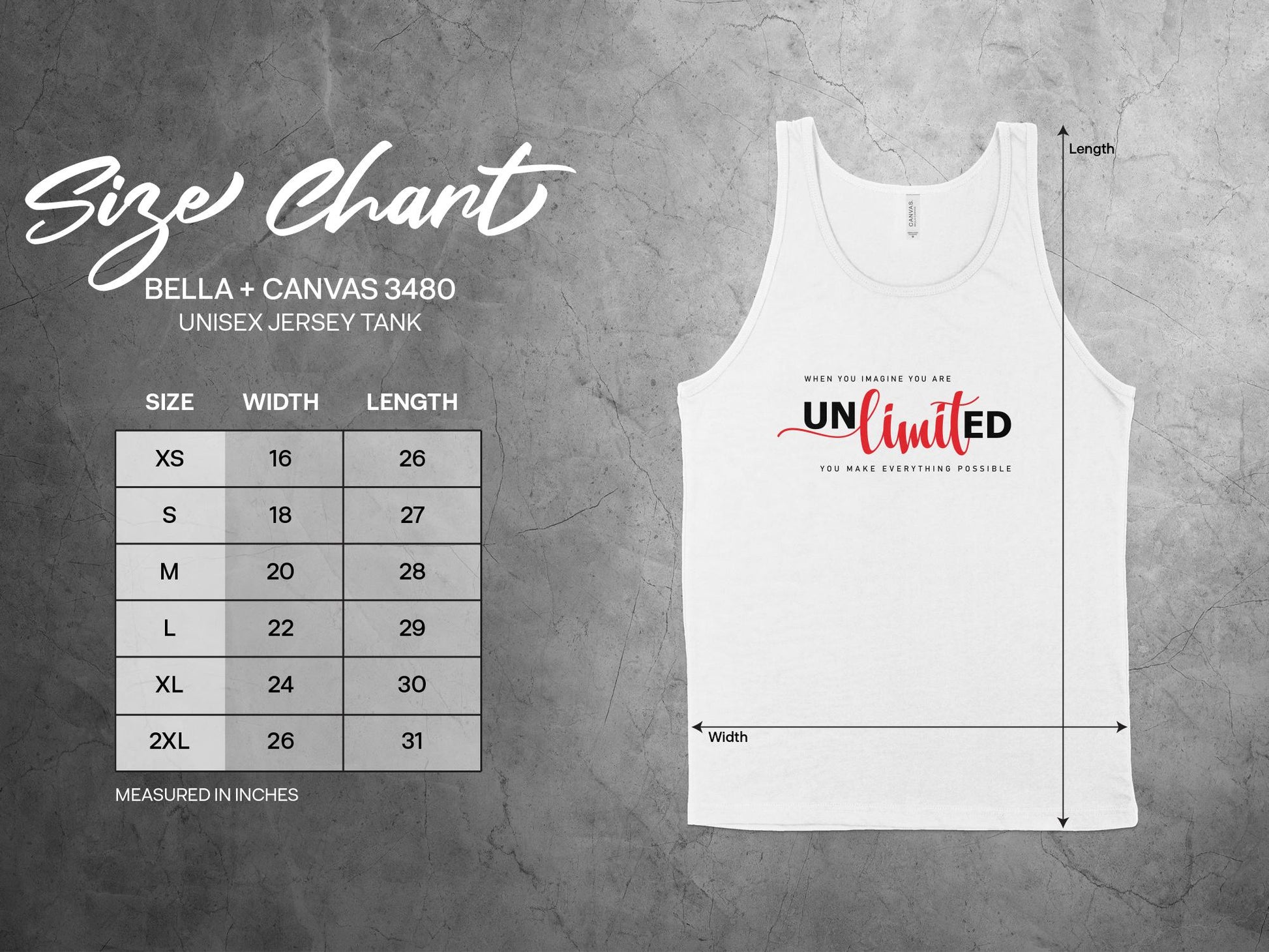 Check out the Unlimited Tank Top size chart, available in small to 2XL, designed for a comfortable, unisex fit.