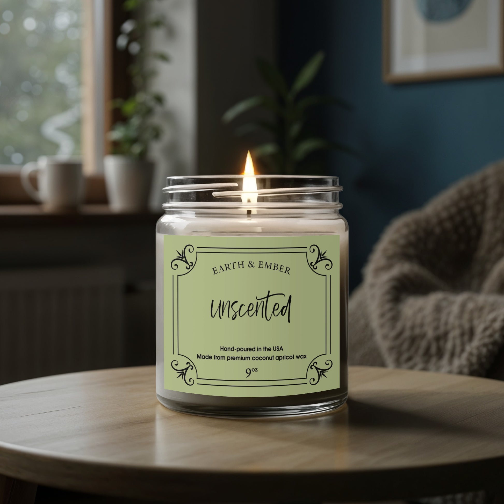 Unscented candle softly lit to create relaxing, neutral ambient lighting for any setting.