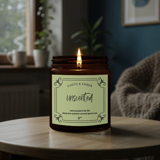 Close-up of unscented candle wick and smooth wax highlighting clean-burning, fragrance-free design.
