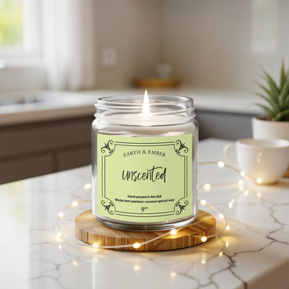 Unscented candle in clear jar displayed with simple decor and clean lines for calming, elegant atmosphere.
