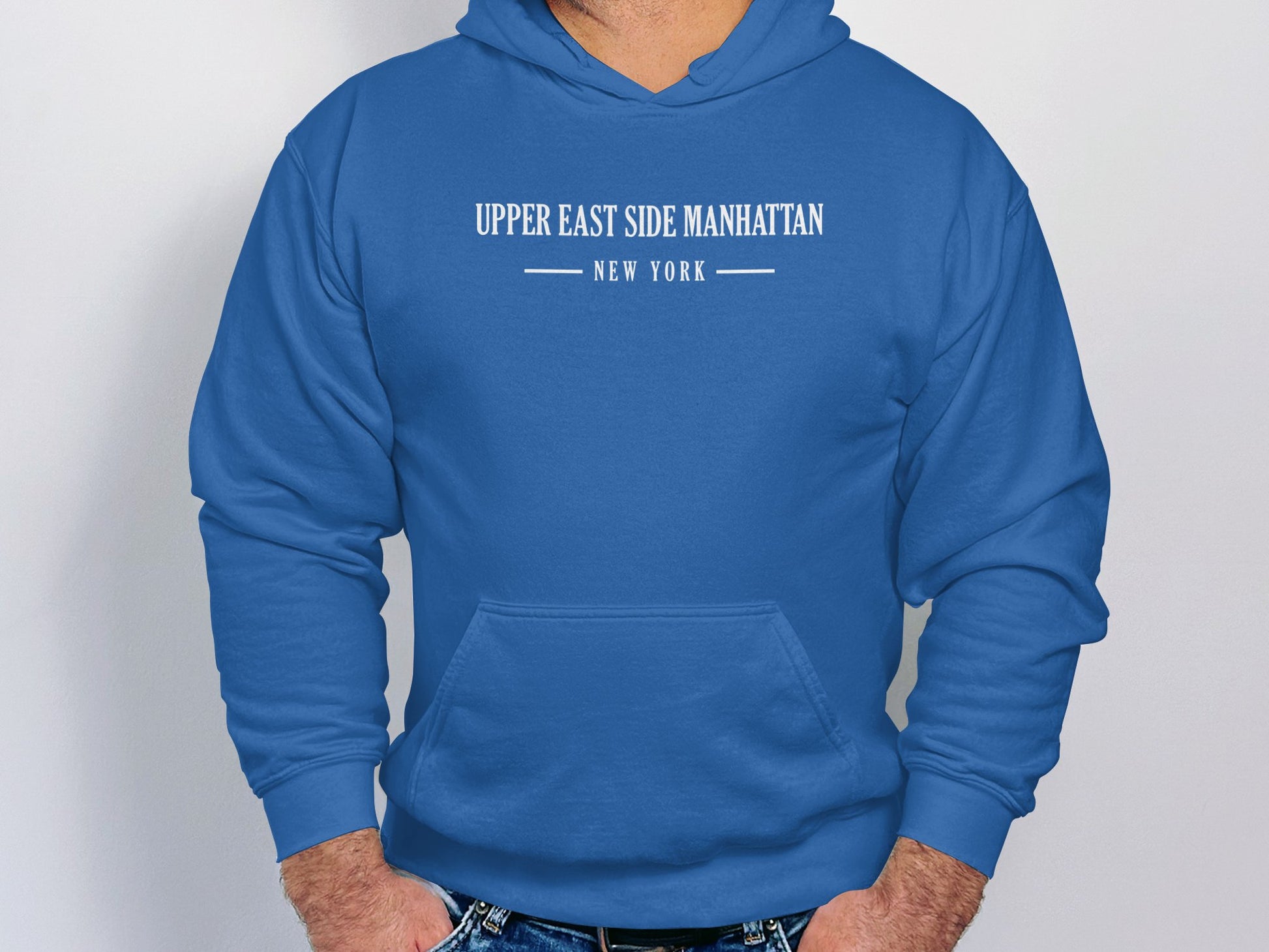 Royal Blue Upper East Side Manhattan Hoodie featuring graphic front, cozy pullover cut, long sleeves for casual comfort