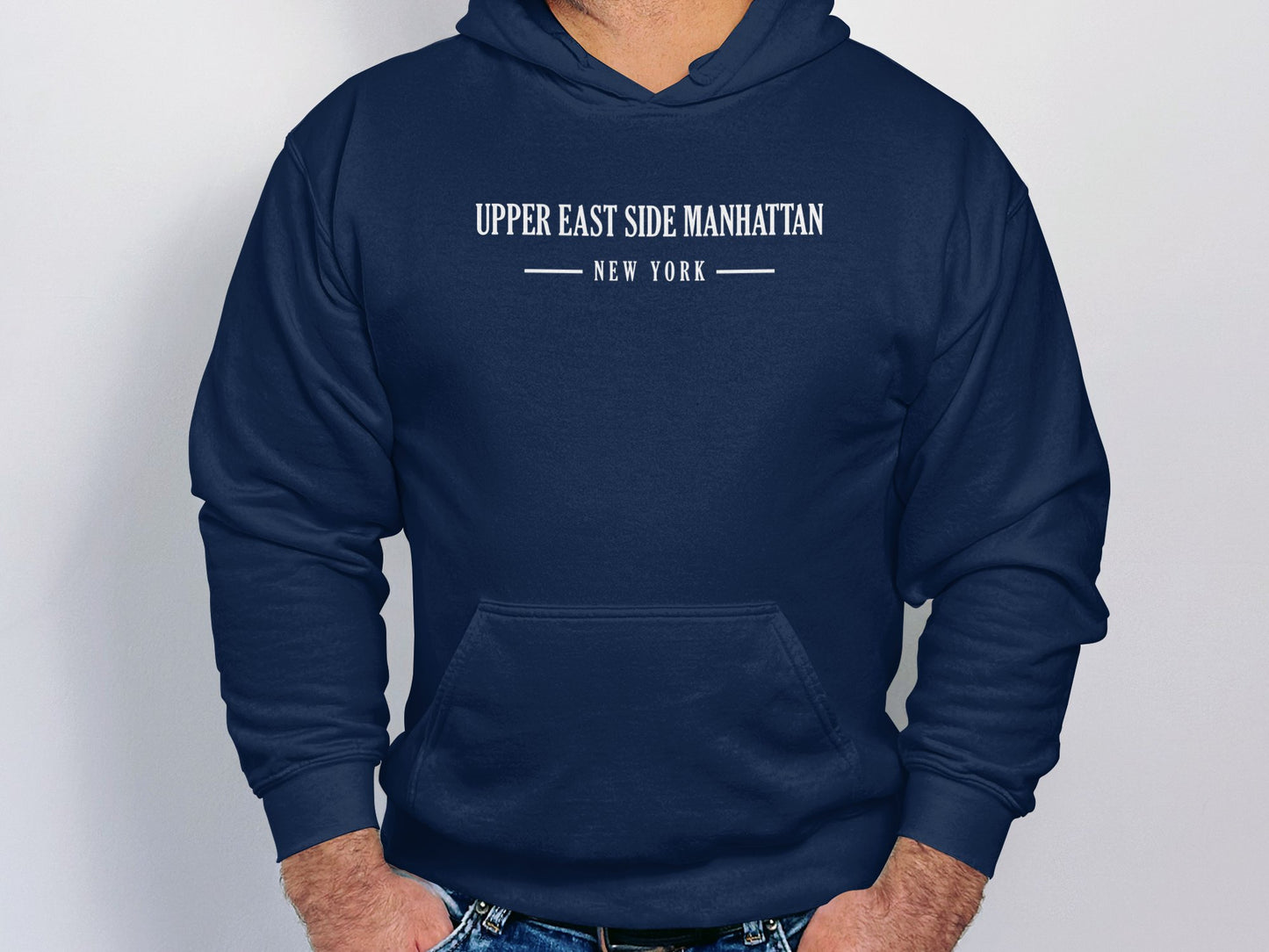 Navy Upper East Side Manhattan Hoodie with printed graphic, long sleeves, & a relaxed, unisex fit for everyday wear