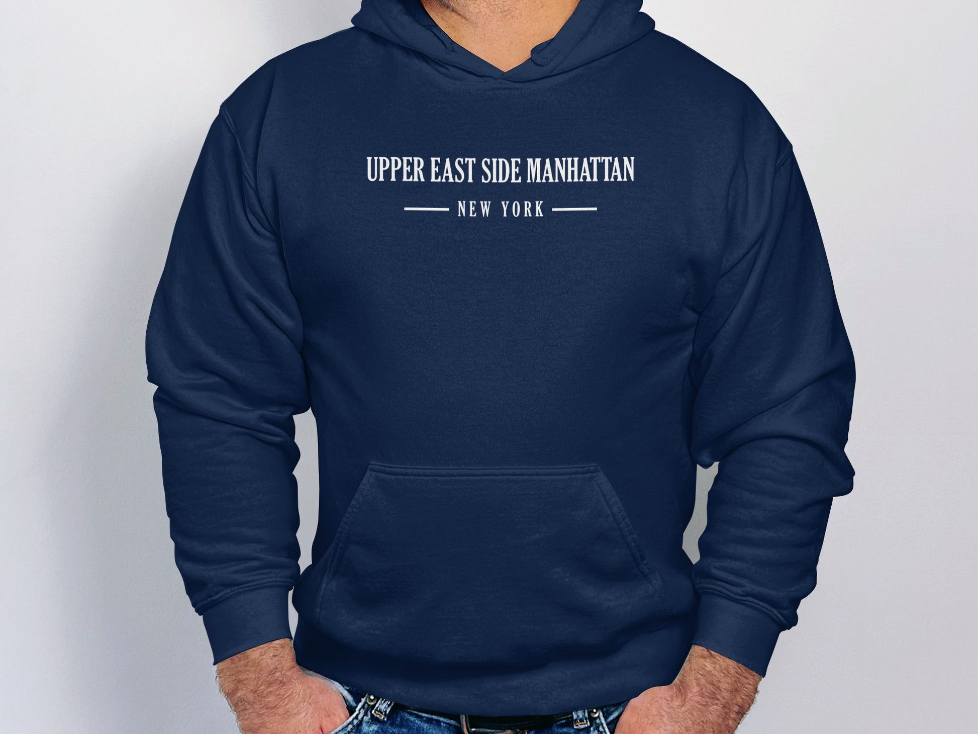 Navy Upper East Side Manhattan Hoodie with printed graphic, long sleeves, & a relaxed, unisex fit for everyday wear