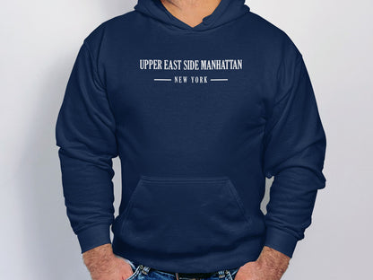 Navy Upper East Side Manhattan Hoodie with printed graphic, long sleeves, & a relaxed, unisex fit for everyday wear