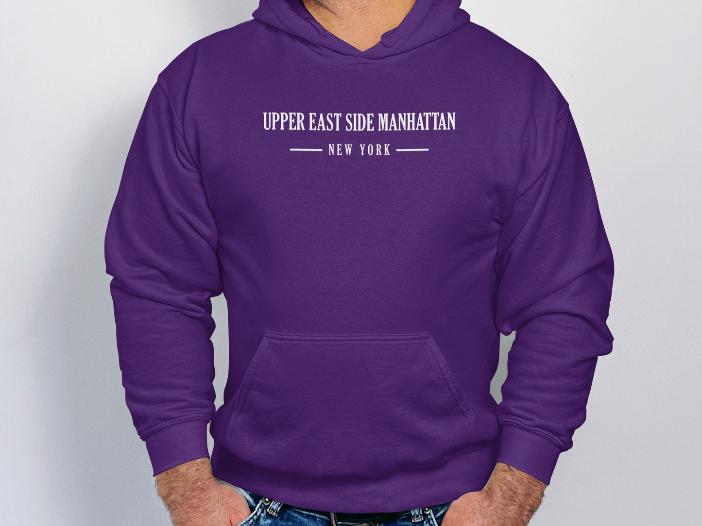 Purple Upper East Side Manhattan Hoodie with graphic print, unisex fit, and ribbed cuffs for added warmth & style