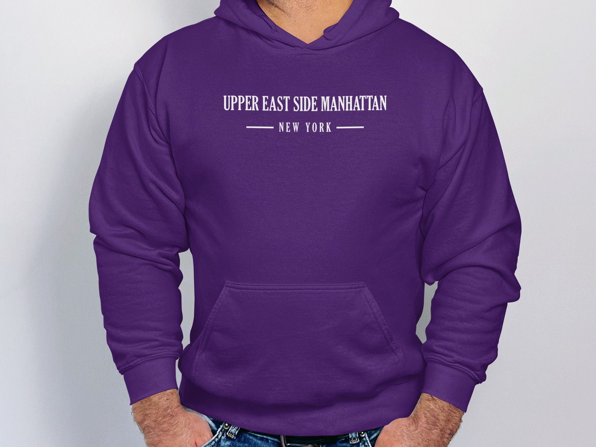 Purple Upper East Side Manhattan Hoodie with graphic print, unisex fit, and ribbed cuffs for added warmth & style