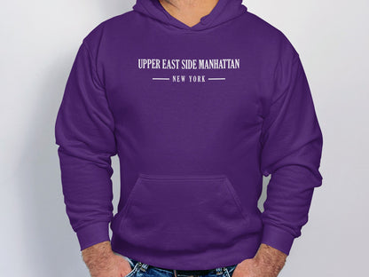 Purple Upper East Side Manhattan Hoodie with graphic print, unisex fit, and ribbed cuffs for added warmth & style