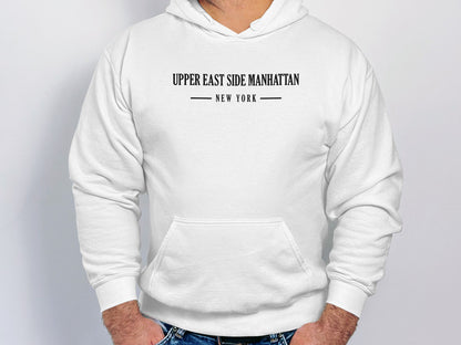  White Upper East Side Manhattan Hoodie showcasing graphic print, unisex pullover design, & long sleeves for cool days