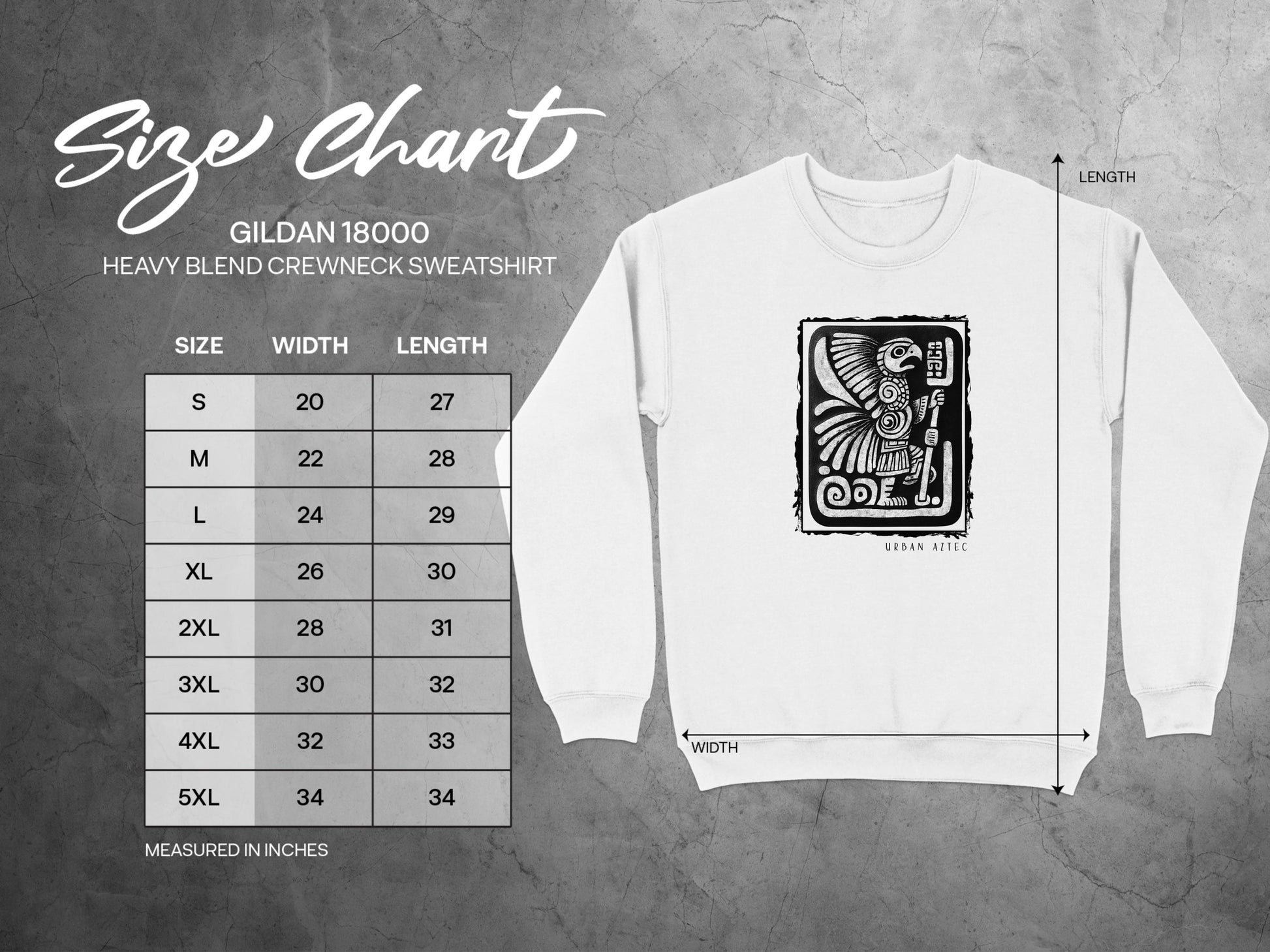 Urban Aztec Sweatshirt Edition 1 size chart (S-3XL) with chest width, sleeve length, and body length measurements.