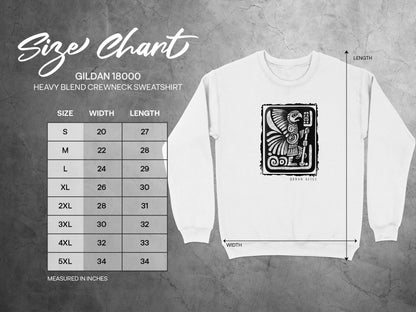 Urban Aztec Sweatshirt Edition 1 size chart (S-3XL) with chest width, sleeve length, and body length measurements.