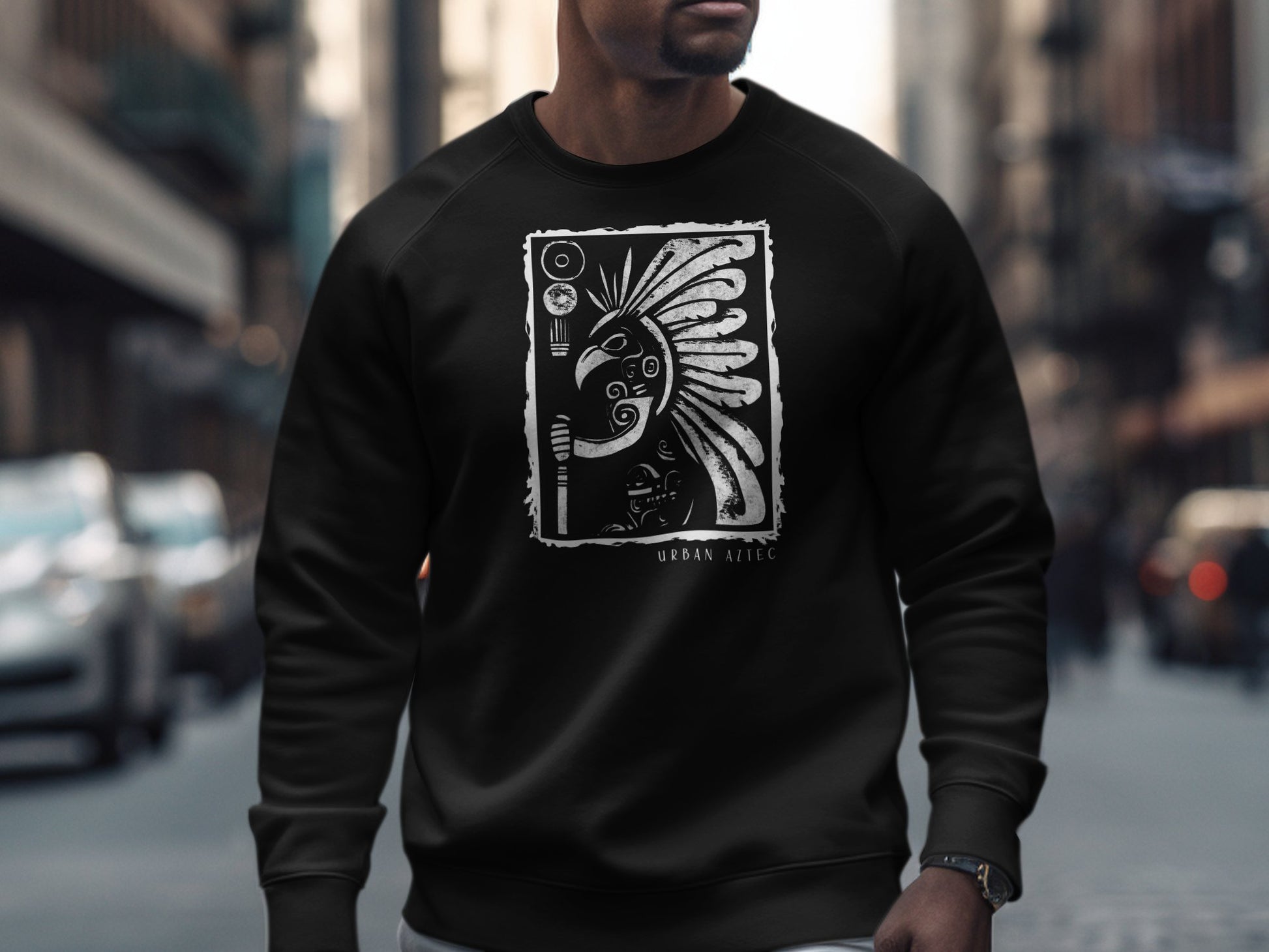 Black Urban Aztec Sweatshirt Edition 2, cotton blend, crew neck, seamless body, & relaxed unisex fit for everyday comfort.