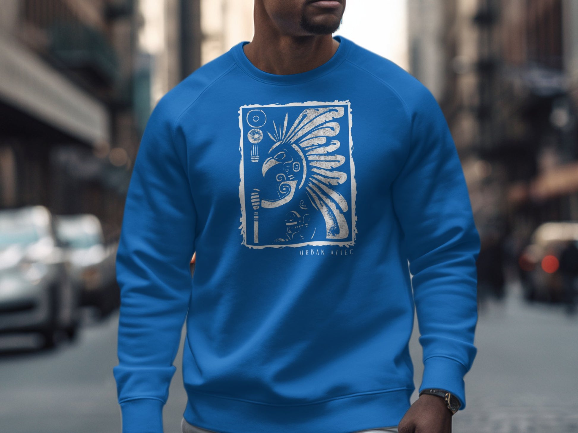 Royal Blue Urban Aztec Sweatshirt Edition 2, medium-heavy cotton blend, crew neck, & loose unisex fit for comfort.