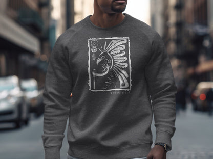 Dark heather grey Urban Aztec Sweatshirt Edition 2 with Aztec eagle warrior profile and feathered headdress graphic.
