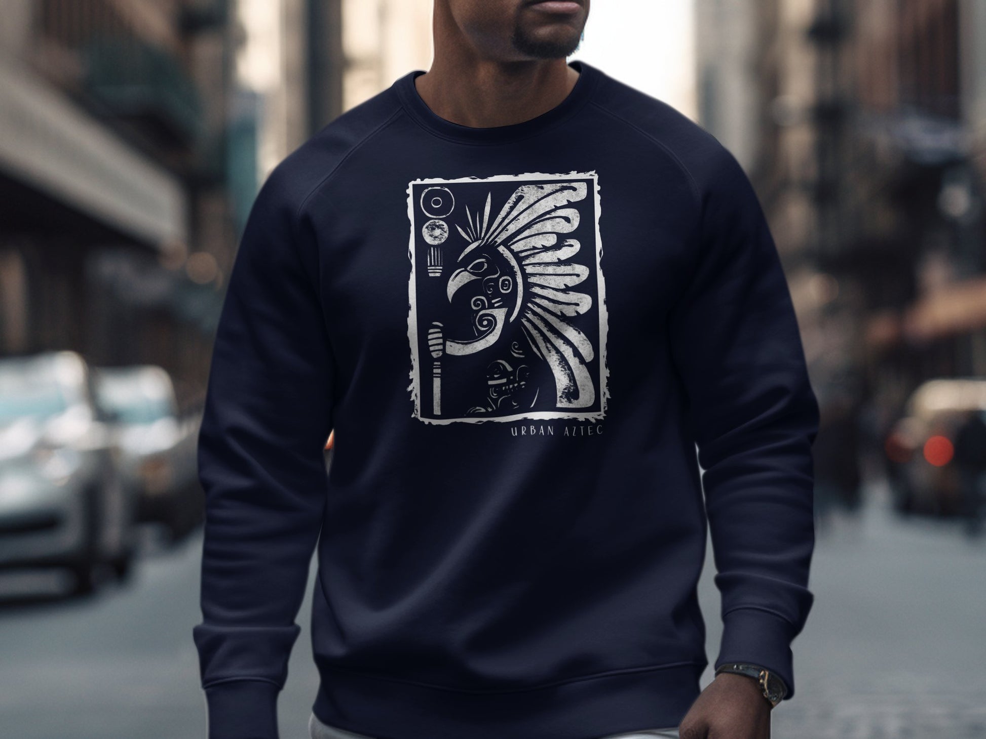 Navy Urban Aztec Sweatshirt Edition 2, cotton blend fabric, crew neck, seamless body, and relaxed fit for casual wear.