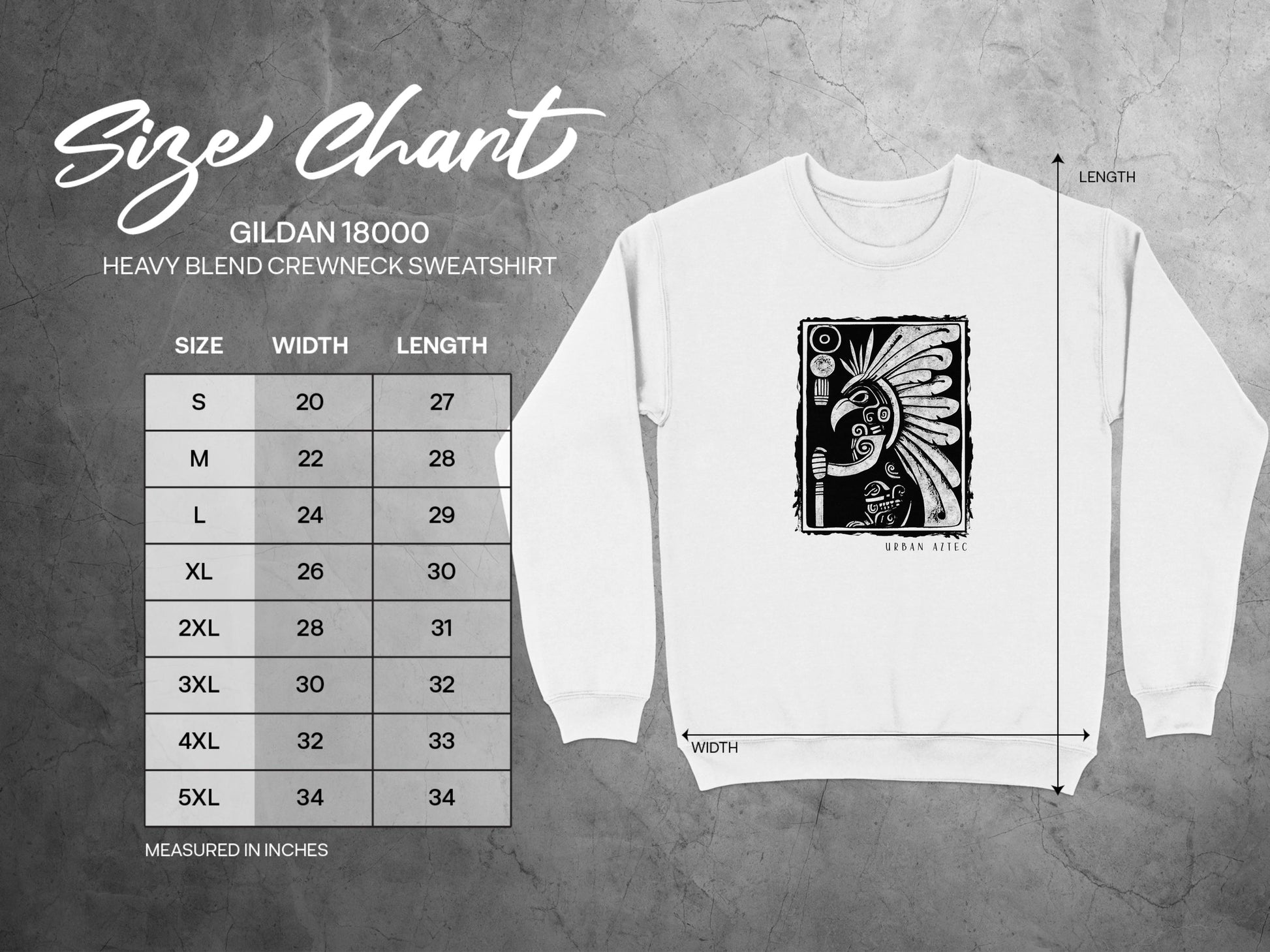 Urban Aztec Sweatshirt Edition 2 size chart (S-3XL) with chest width, sleeve length, & body length measurements.