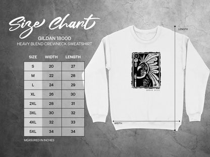 Urban Aztec Sweatshirt Edition 2 size chart (S-3XL) with chest width, sleeve length, & body length measurements.