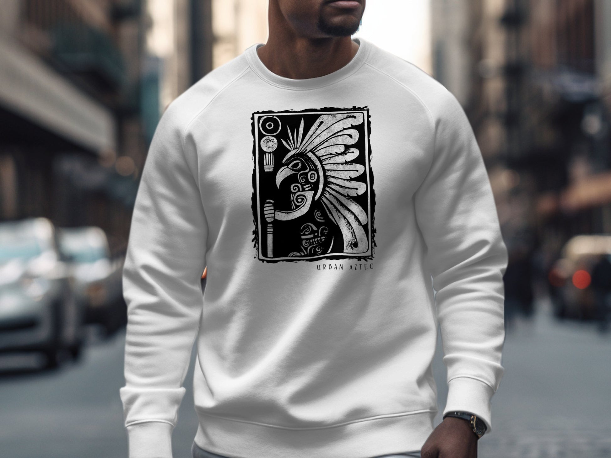 White Urban Aztec Sweatshirt Edition 2, featuring a cotton blend, crew neck, seamless body, and relaxed unisex fit.
