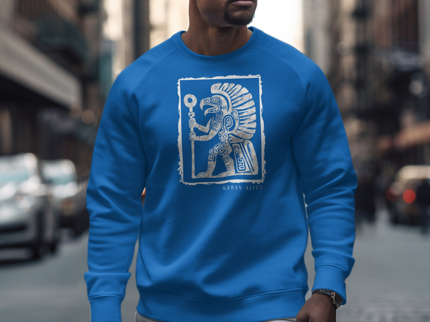 Royal Blue Urban Aztec Sweatshirt Edition 3, medium-heavy cotton blend, crew neck, & loose unisex fit for easy styling.