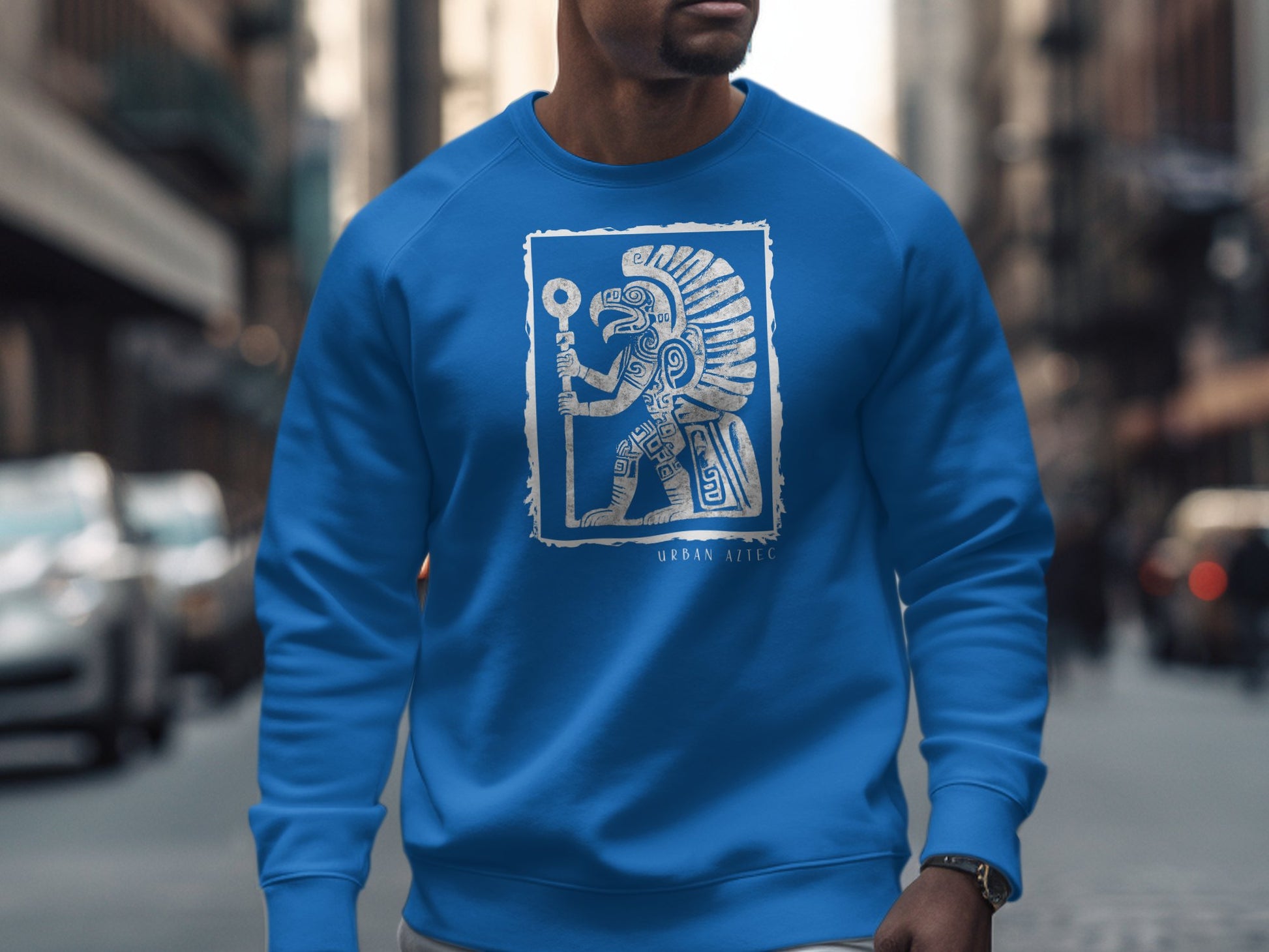 Royal Blue Urban Aztec Sweatshirt Edition 3, medium-heavy cotton blend, crew neck, & loose unisex fit for easy styling.