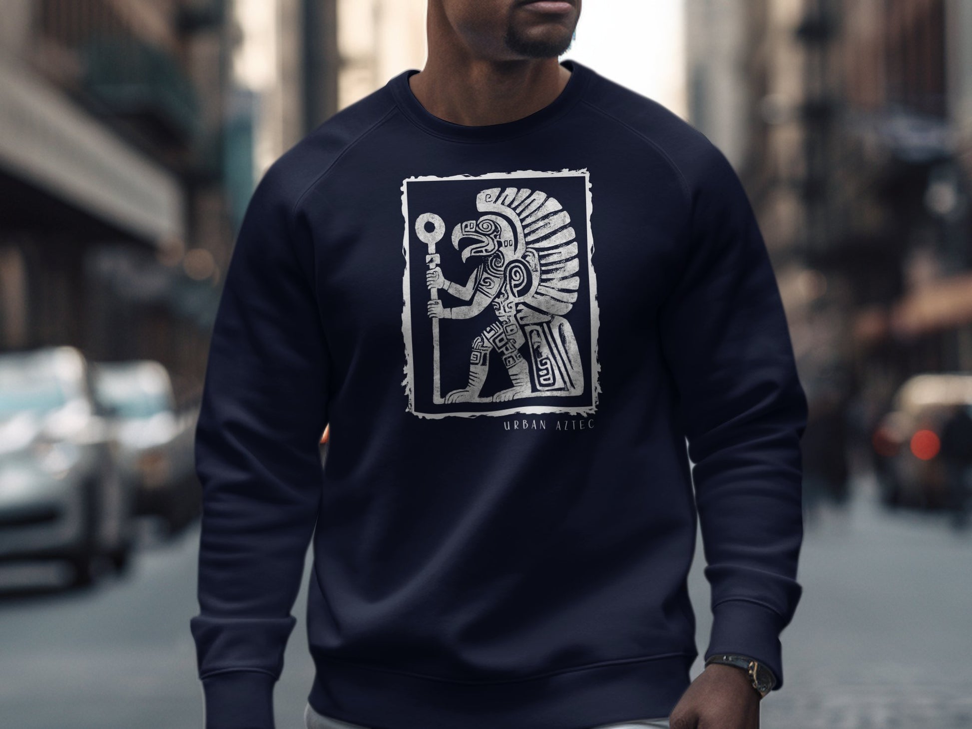 Navy Urban Aztec Sweatshirt Edition 3, featuring cotton blend, crew neck, seamless body, & relaxed unisex fit.