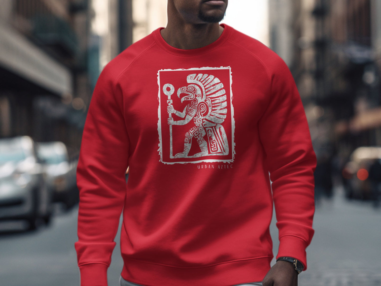 Red Urban Aztec Sweatshirt Edition 3 with cotton blend, crew neck, seamless body, & relaxed unisex fit for laid-back wear.