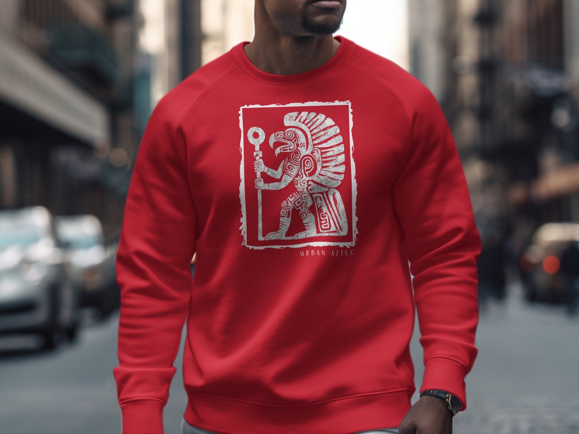 Red Urban Aztec Sweatshirt Edition 3 with cotton blend, crew neck, seamless body, & relaxed unisex fit for laid-back wear.