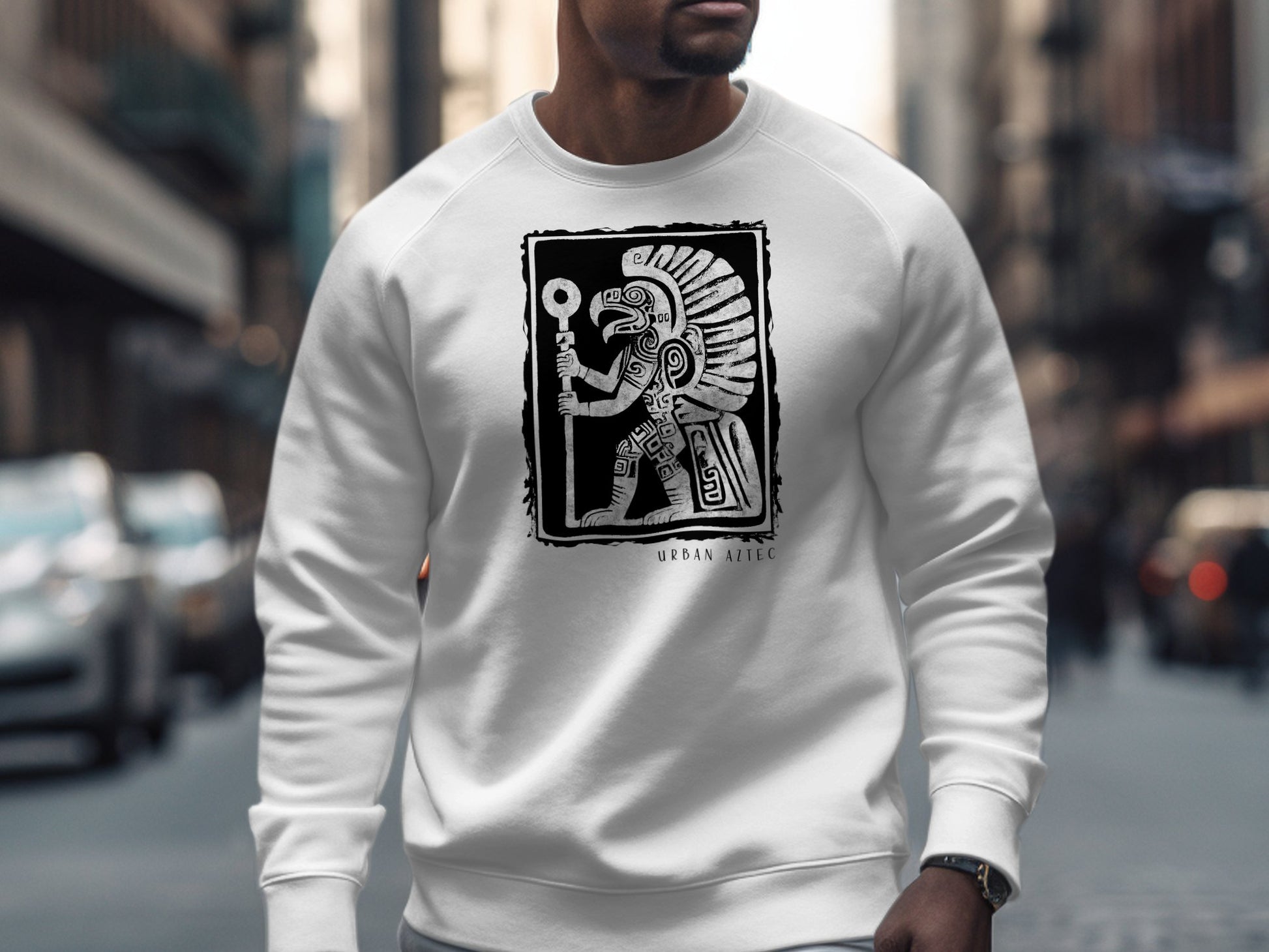 White Urban Aztec Sweatshirt Edition 3, cotton blend, crew neck, seamless body, & relaxed unisex fit for versatile styling.
