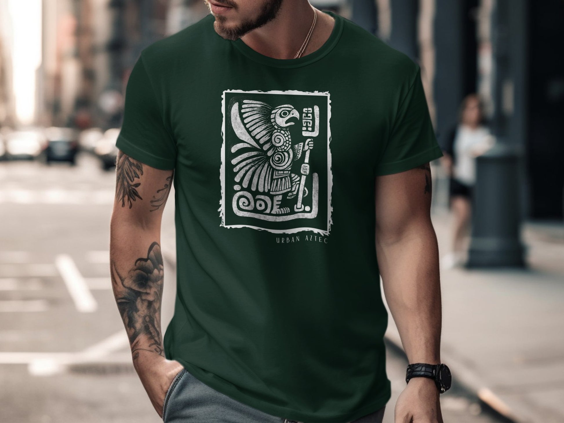Urban Aztec T-Shirt Edition 1 in forest green with a striking Aztec print, designed for everyday comfort and style.