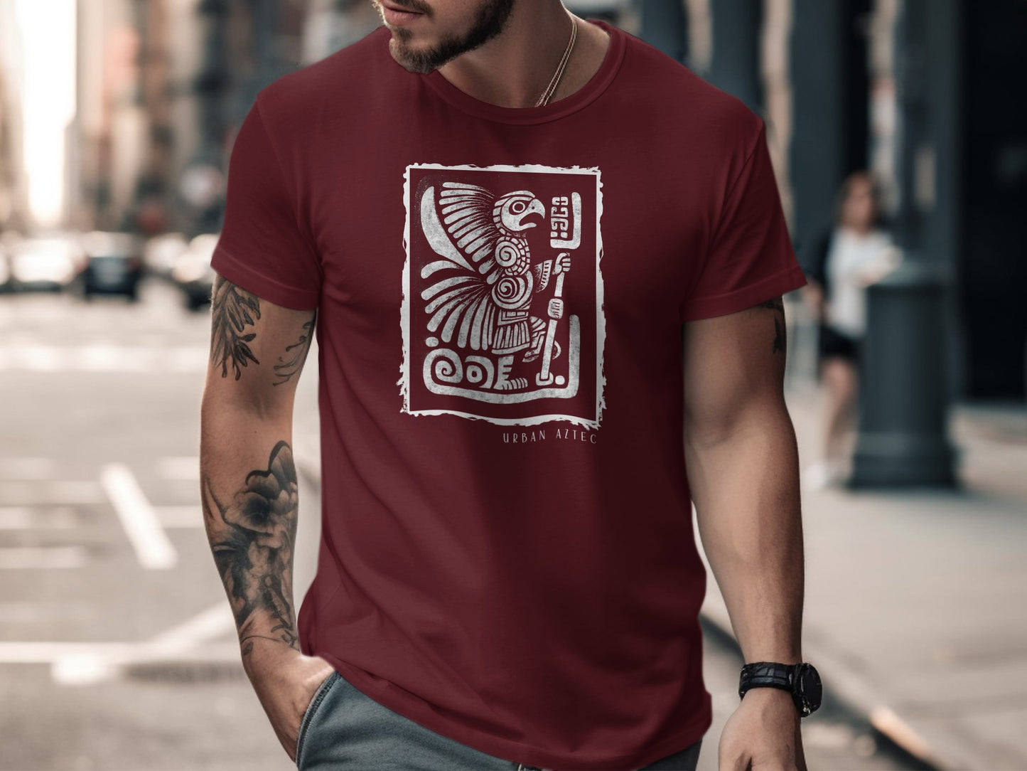 Urban Aztec T-Shirt Edition 1 in maroon featuring a stylish Aztec graphic, ideal for a relaxed, short sleeve, yet trendy outfit.