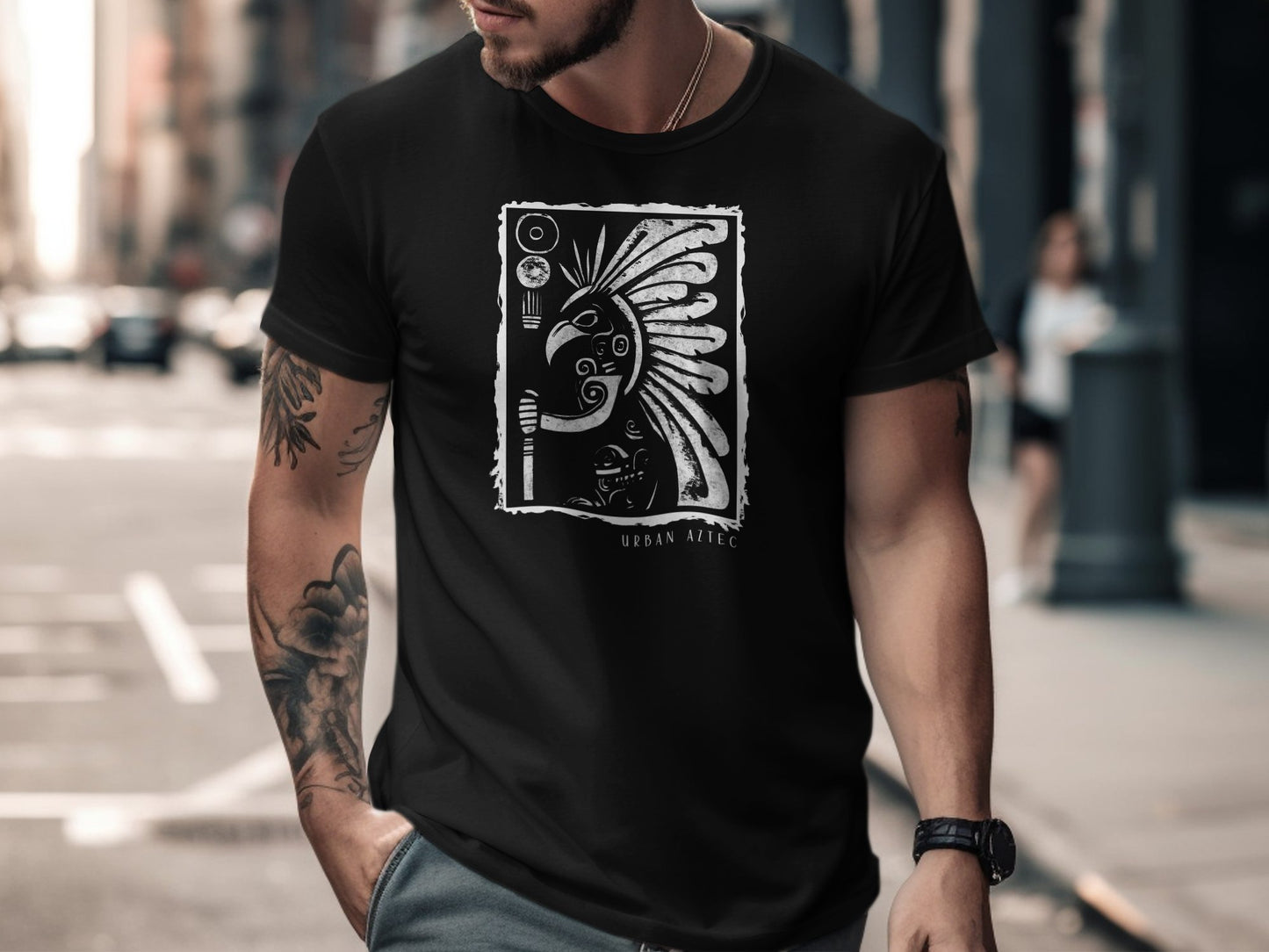 Urban Aztec T-Shirt Edition 2 in black with a bold Aztec design, perfect for adding a touch of urban flair to any casual outfit.