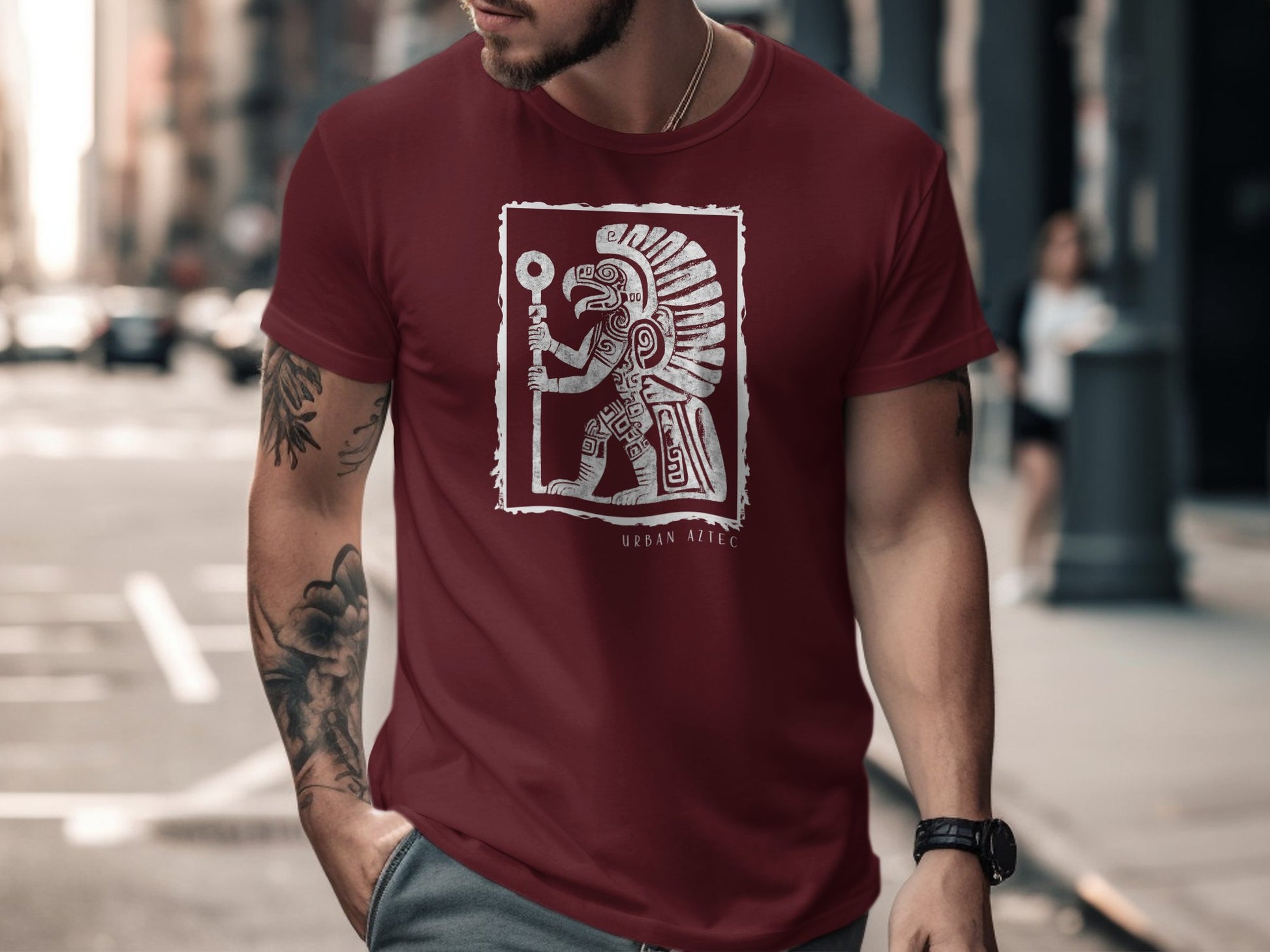 Urban Aztec T-Shirt Edition 3 in maroon, combining a trendy design with premium pre-shrunk cotton for all-day comfort and style.
