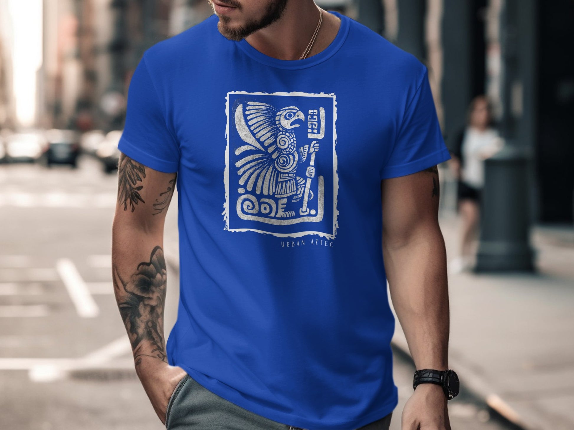 Urban Aztec Tee Edition 1 in true royal blue, designed with an eye-catching Aztec print for a statement-making look.