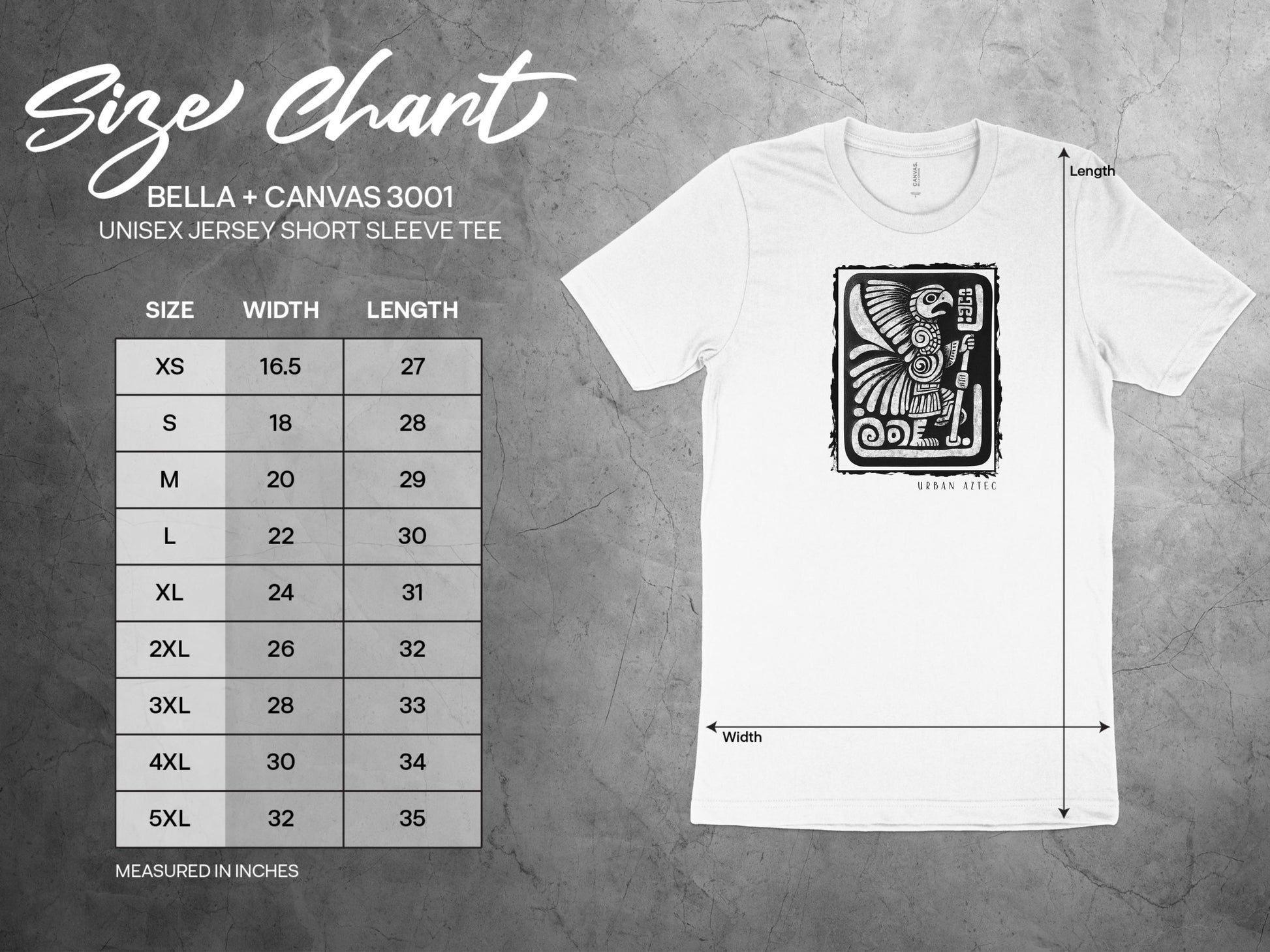 Size chart for Urban Aztec Tee Edition 1, providing measurements from small to 3XL to help you find the perfect fit.