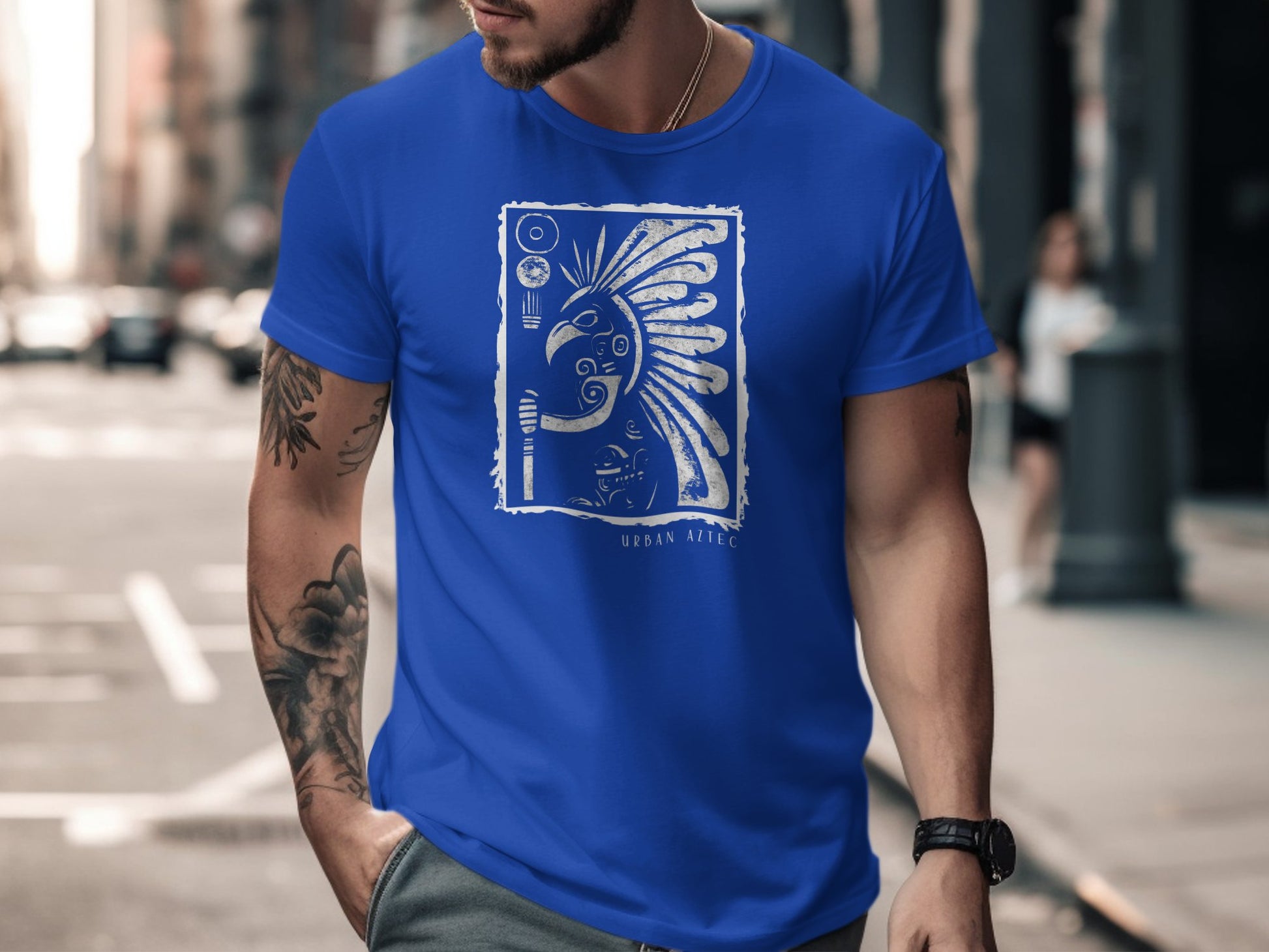 Urban Aztec Tee Edition 2 in true royal blue, featuring a vibrant Aztec print that makes a style statement wherever you go.