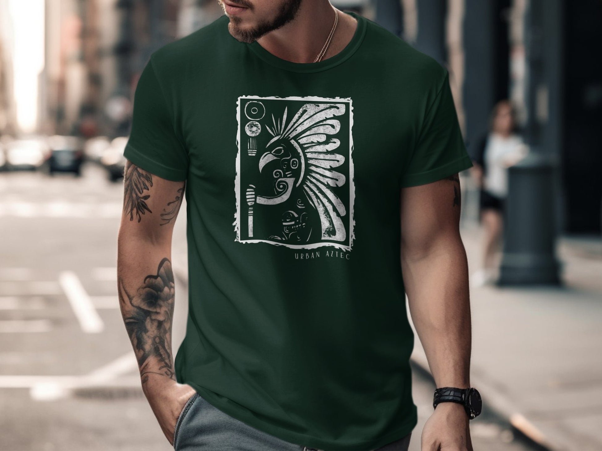 Urban Aztec Tee Edition 2 in forest green, featuring a dynamic design, offering both everyday comfort and a unique style.