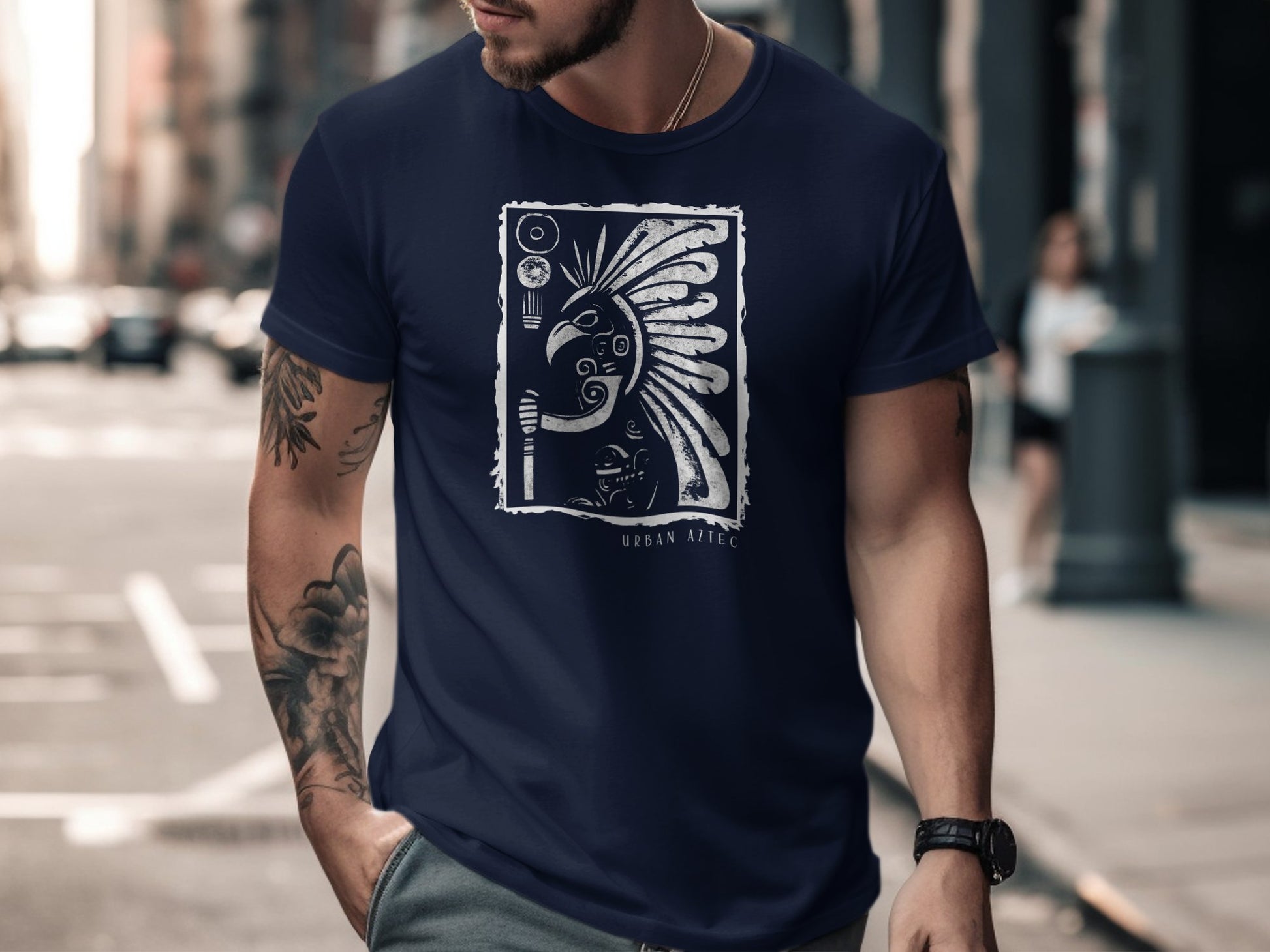 Urban Aztec Tee Edition 2 in navy showcasing a modern Aztec motif, made from high-quality cotton for all-day wear.