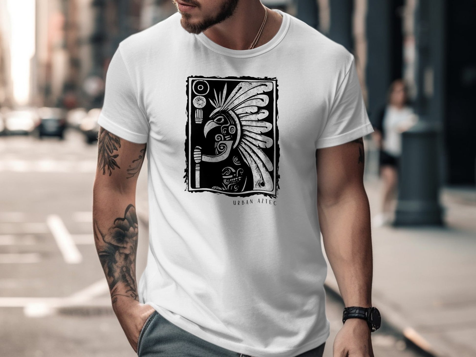 Urban Aztec Tee Edition 2 in white featuring an eye-catching Aztec graphic, crafted from soft cotton for comfort and style.