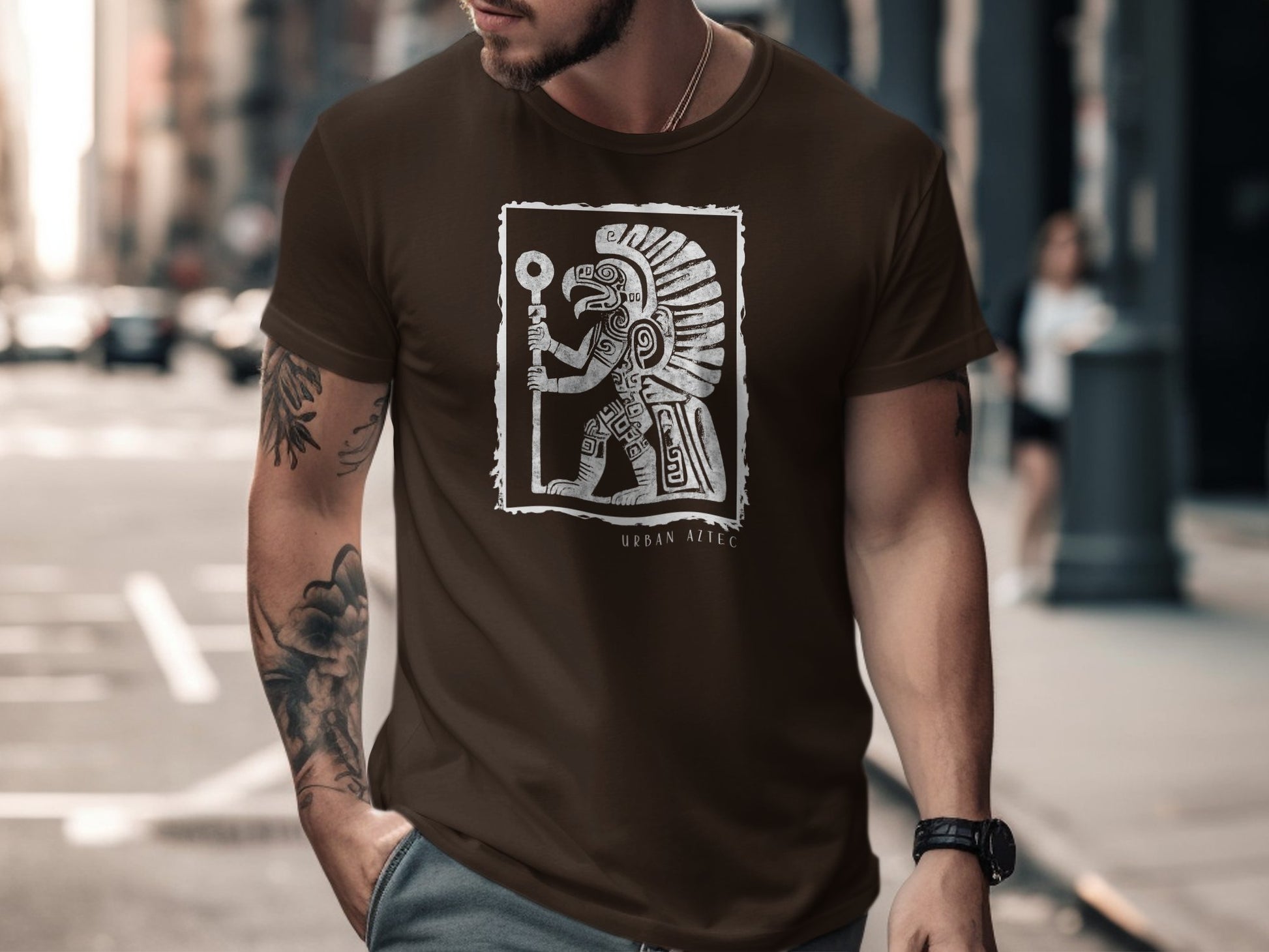 Urban Aztec Tee Edition 3 in brown, designed with an eye-catching print, creating a bold look with a natural tone.